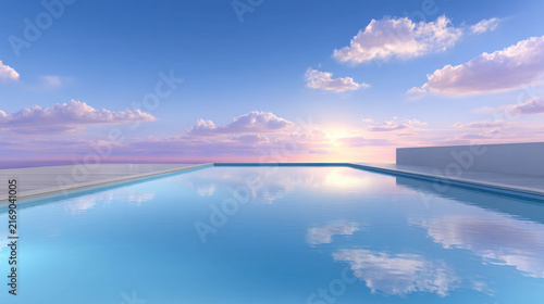 An infinity pool reflecting a beautiful sky with clouds during sunset. The water is calm and serene, creating a peaceful atmosphere