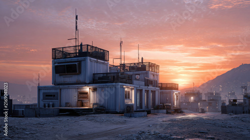 A remote outpost bathed in the warm glow of a sunset. The building features a tower with communication equipment and is situated in a desolate, possibly arid, landscape with mountains in the distance