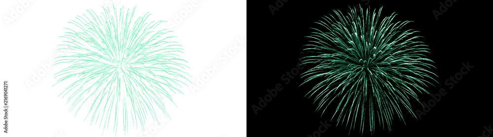 Fototapeta premium Sparkling green fireworks burst brightly against black night sky perfect for festival celebration design in PNG, Transparent and Black Background Versions