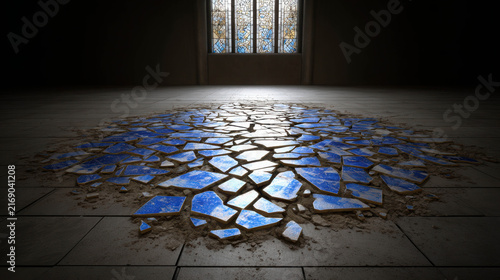 A room with broken blue and white tiles scattered on the floor, illuminated by light from a window