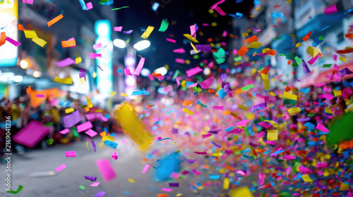 A vibrant street filled with colorful confetti raining down, creating a festive and celebratory atmosphere. The background shows blurred figures and lights, hinting at a lively event