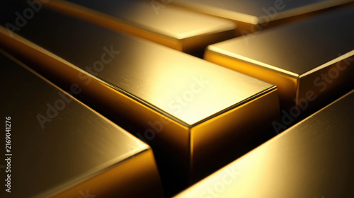 Several rectangular gold bars stacked and arranged closely together, showcasing their reflective, shiny surfaces and the rich metallic texture