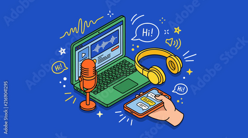Colorful isometric doodle of laptop microphone and headphones for podcasting