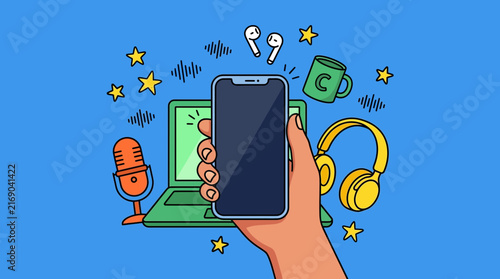 Mobile Podcast and Digital Media Content Creation Vector Illustration