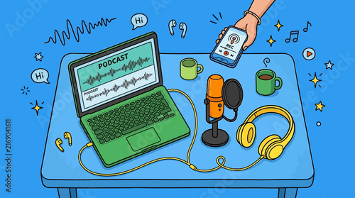 Podcast recording studio equipment flat vector illustration on desk