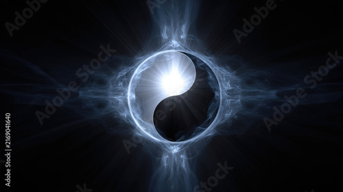 Yin Yang symbol glowing with ethereal light against a dark, abstract background, representing balance and harmony