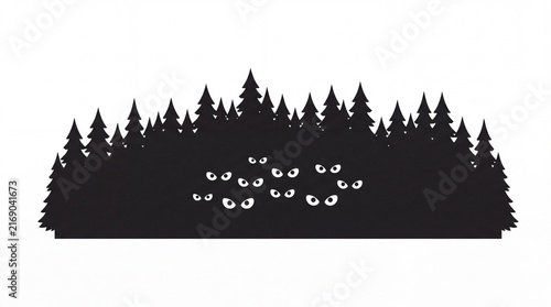 Vintage vector illustration of glowing white eyes peeking from a black forest silhouette