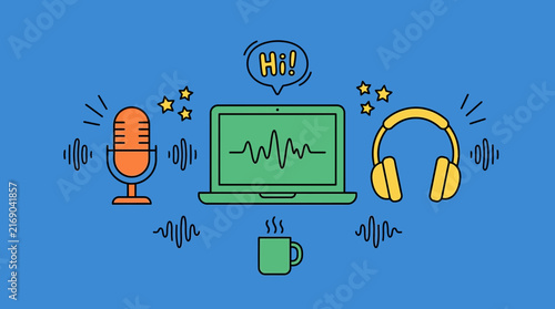 Flat vector illustration of podcast equipment for audio recording