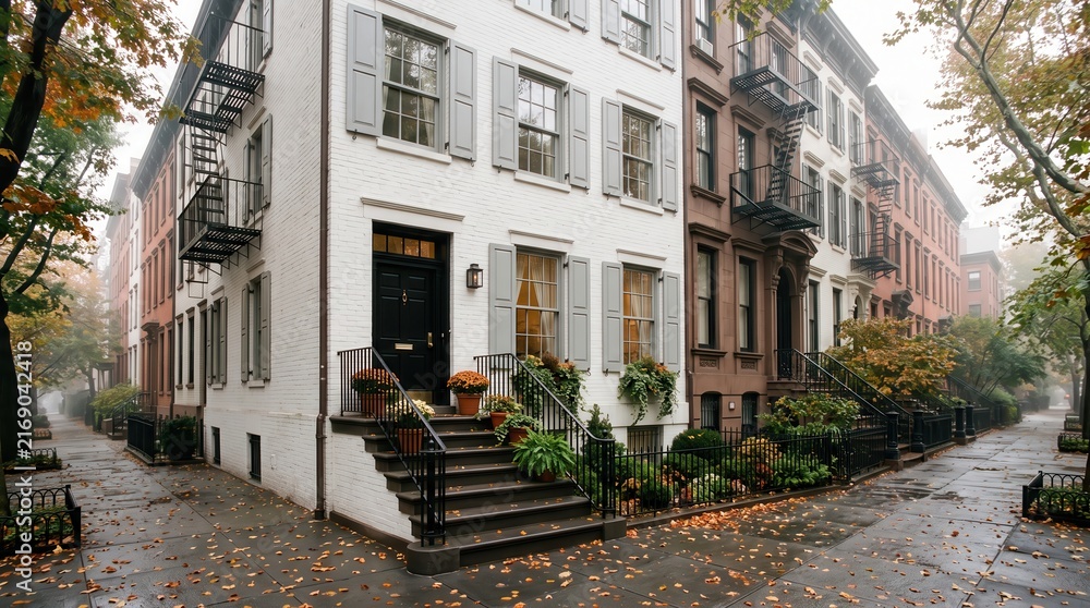 Fototapeta premium Corner townhouse row with shutters fire escapes and autumn leaves