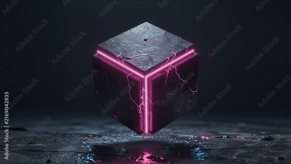 Obraz premium Neon-pink energy crackles around a metallic cube floating above wet, reflective ground.