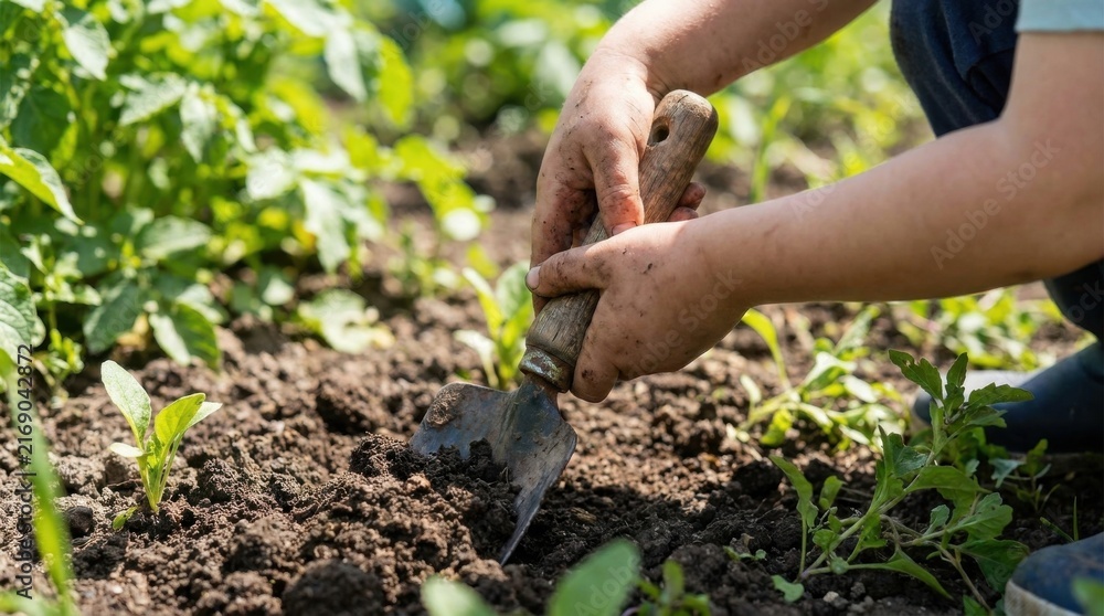 Fototapeta premium Close up of hands using a trowel to plant seedlings in fertile garden soil surrounded by green plants