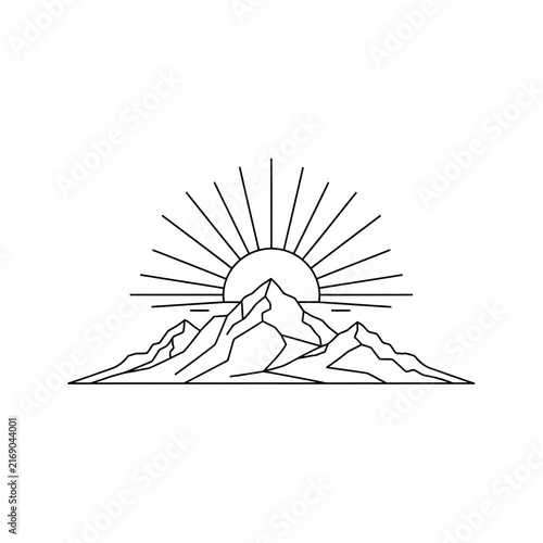 Minimalist mountain sunrise line art