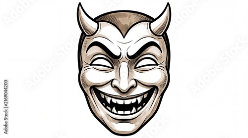 Vintage watercolor sketch of a retro paper m?ch? smiling devil mask
