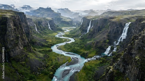Dramatic Icelandic River Valley with Cascading Waterfalls and Cliffs.
