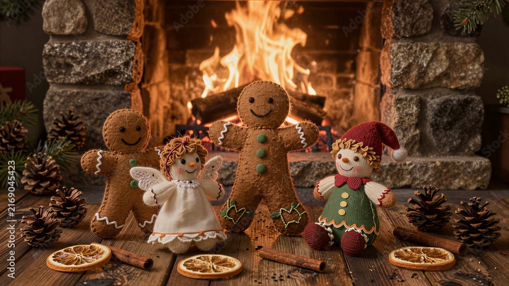 Fototapeta premium Cozy Christmas scene with gingerbread figures, angel, and elf by fireplace.
