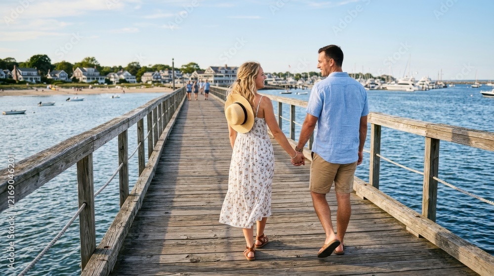 Fototapeta premium Couple walking hand in hand on a wooden pier towards a coastal town with boats in the harbor