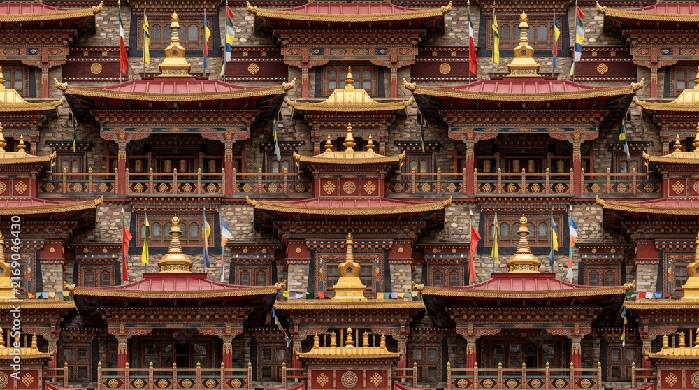 Obraz premium Bhutan patterns showcasing ornate golden temple roofs and multi tiered structures with bhutanese himalayan traditional geometric