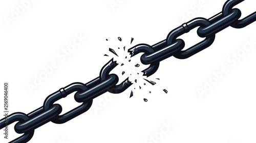Broken metal chain links featuring dark gray steel texture and sharp shattered fragments isolated on a crisp white artistic background