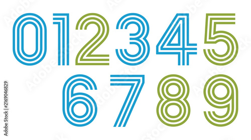 Vibrant numeric characters featuring modern geometric triple line styling in blue and lime green shades for creative digital design projects