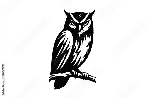 Graphic illustration of an owl perched on a branch