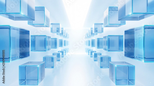 Futuristic corridor of translucent blue glass cubes with bright light, abstract technology background for data, innovation, cloud computing and digital space
