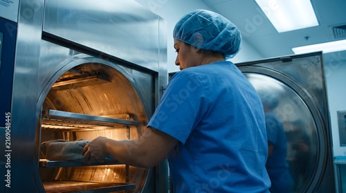 Nurse placing tray inside medical autoclave machine