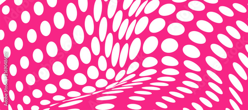 Abstract pink and magenta polka dot pattern with wavy 3D distortion effect, warped circles optical illusion texture, seamless vector background for wallpaper, fabric, textile and fashion design