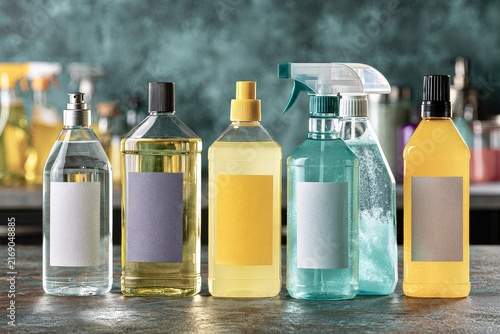 Cleaning supplies, from a side angle with natural light and copy space
