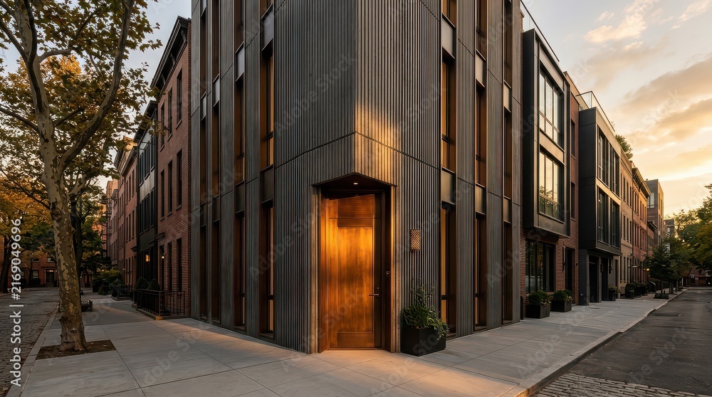 Fototapeta premium Modern corner townhouse entrance with bronze door at sunset