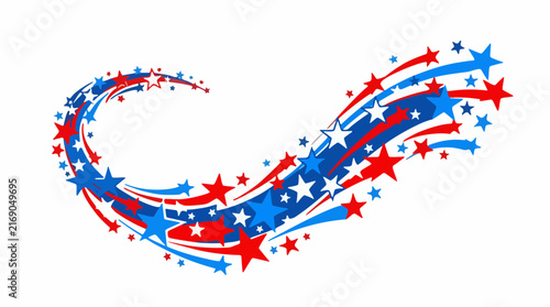 Patriotic wave of red, blue and white stars in varying sizes swirling across a plain white background, ideal for American holiday themes like Fourth of July and Memorial Day.