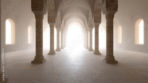 A bright, ethereal corridor with ancient stone columns, leading to a glowing light at the end