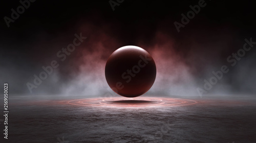 A glowing orb floating in a mystical, smoky atmosphere. The orb casts a red light on the ground below, creating an ethereal and enigmatic mood