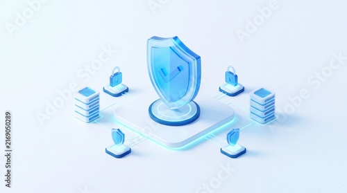 Cybersecurity shield with check mark protecting connected servers and lock icons in blue 3D cloud network concept for secure data storage and digital privacy