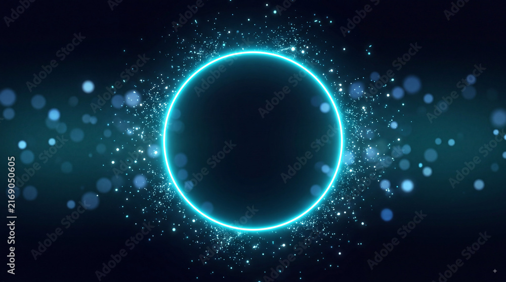 Fototapeta premium Glowing cyan neon circle with sparkling particles and soft bokeh on dark blue background, futuristic abstract energy portal for technology themes