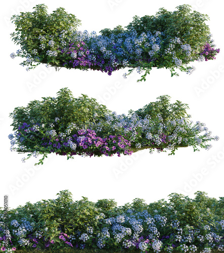 Konstfotografi Petunia hybrida, Plumbago auriculata and Tabernaemontan tree shrub, plant bush,