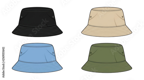 Set of bucket hats in four different colors, black, beige, light blue and olive green, flat vector illustration for fashion design isolated on transparent background