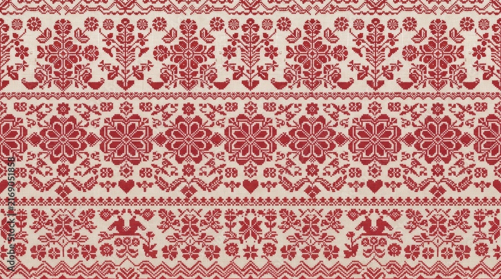 Czech republic patterns traditional red ornamental folk design textile background with bohemian moravian embroidery botanical
