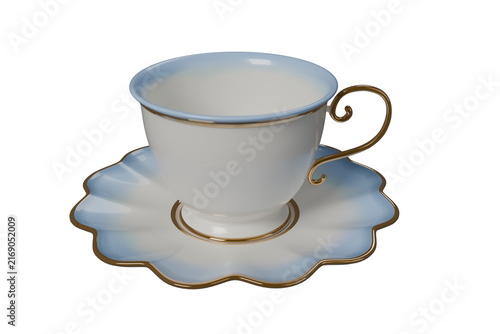 Elegant Blue and White Porcelain Tea Cup with Gold Trim Isolated on Transparent Background