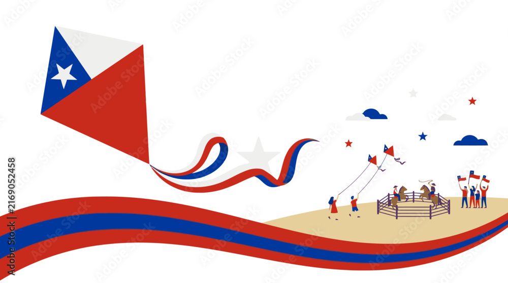 Obraz premium Chilean flag kite flying over festive landscape with people celebrating national independence day. EPS Editable