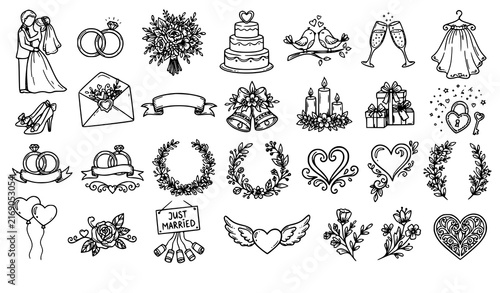 Elegant wedding doodle illustration set with couples rings flowers cakes bouquets hearts and romantic ceremony elements