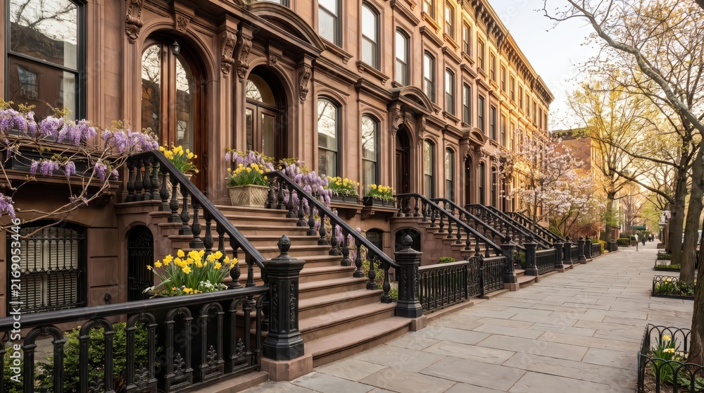 Fototapeta premium Row of brownstone stoops with wisteria and daffodils