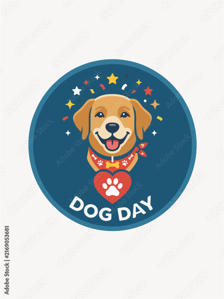 Fototapeta premium Happy Dog Day Cute Golden Retriever Heart Paw Badge Vector Illustration