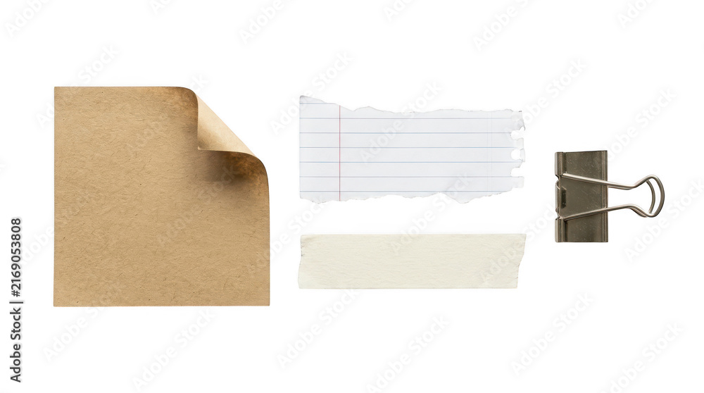 Fototapeta premium Flat lay of brown kraft paper note, torn lined paper strip, masking tape, and metal binder clip isolated on transparent background