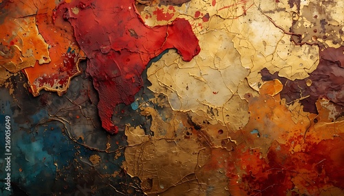 Abstract mixed media background texture with gold and red paint peeling