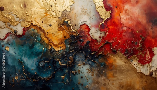 Abstract Fluid Art Background with Vibrant Teal Red and Gold Textures for Luxury Interior Design and Modern Artistic Projects