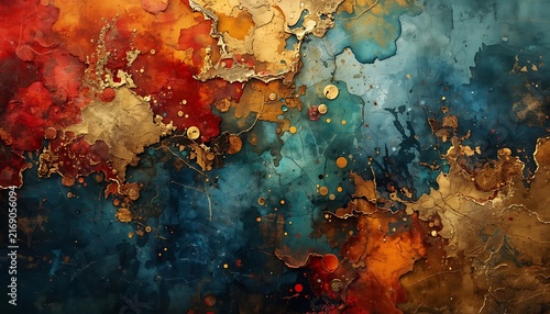 Abstract Watercolor Background with Gold Foil Accents Teal Blue and Red Textures