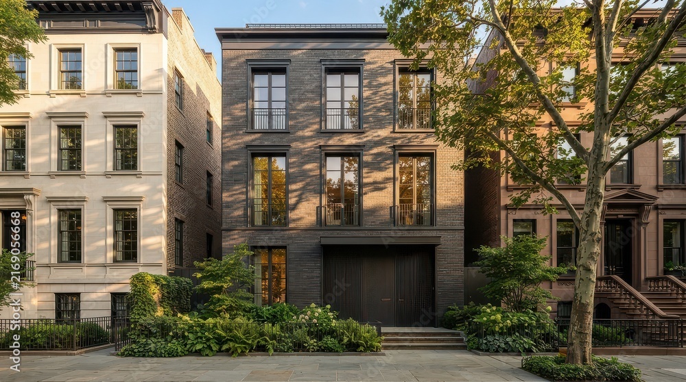 Fototapeta premium Gray brick townhouse with garage door and front garden