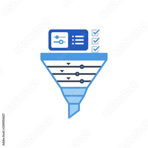 Flat vector icon of sales funnel with data filtering settings