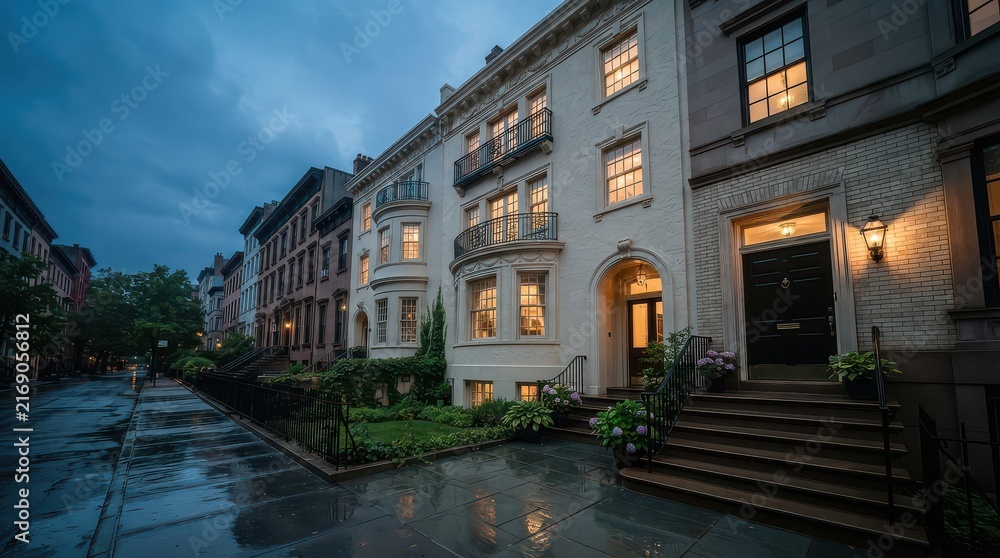 Fototapeta premium Row of townhouses with lit windows after rain