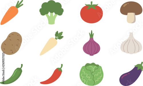 Fresh Vegetable Icon Set Featuring Flat Flat Design Elements of Carrot Tomato Broccoli Mushroom Potato Onion Garlic and Eggplant Vector Illustration